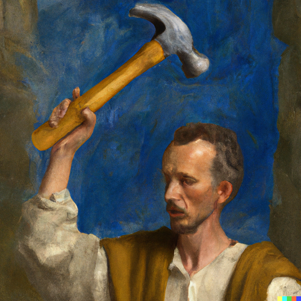 A painting of a man holding a hammer the wrong way round.