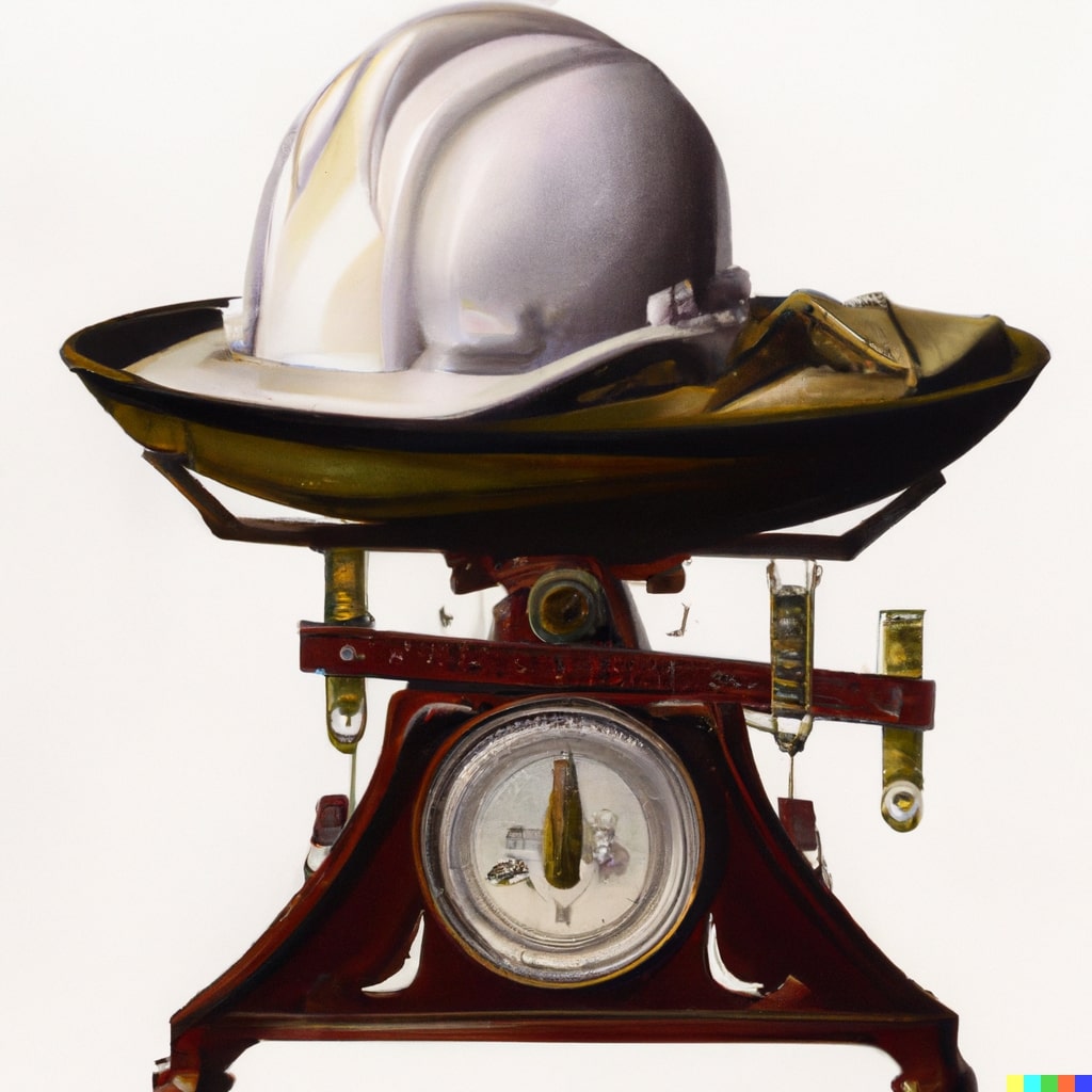 A painting of a hard hat on a scale.